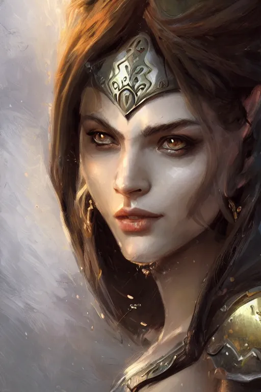 Image similar to a finely detailed portrait of an attractive woman clothed in battle armor, olive skin, long dark hair, beautiful bone structure, symmetrical facial features, intricate, elegant, digital painting, trending on Artstation, concept art, smooth, sharp focus, illustration, from World of Warcraft, by Ruan Jia and Mandy Jurgens and Artgerm and william-adolphe bouguerea, award winning