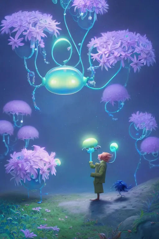 Image similar to a surreal Bioluminescent, very very very cute Lobelias in a happy world by Daniel Merriam, Trending on Artstation, oil on Canvas by Elena Zhurikhina and Goro Fujita and Charlie Bowater, octane render, 4k, 8k, HD