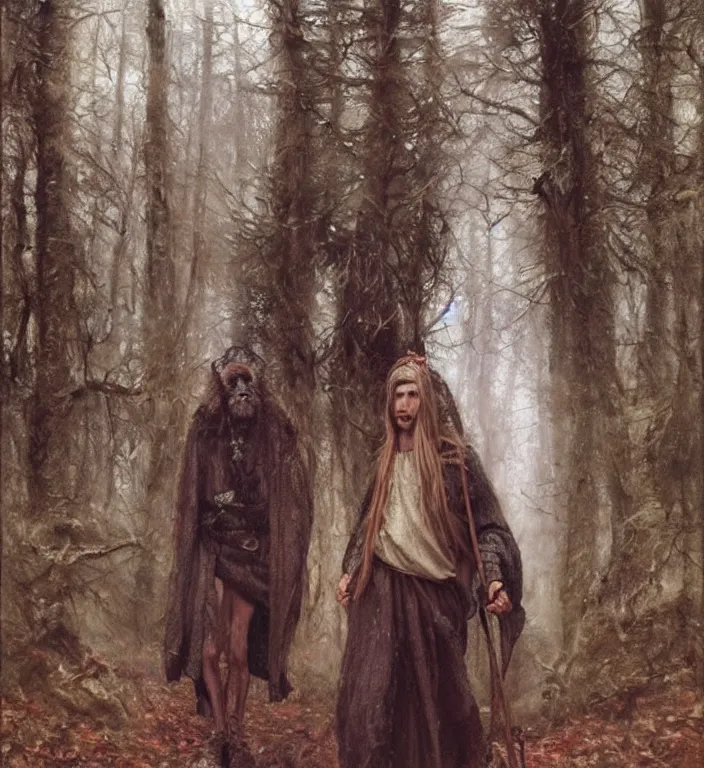 Image similar to slavic dog head man, woolen torso in medieval clothes, walking in the forest, orthodox saint christopher, art by luis royo, oil painting, painting by viktor vasnetsov, concept art, hyperrealism, beautiful, high resolution, trending on artstation,