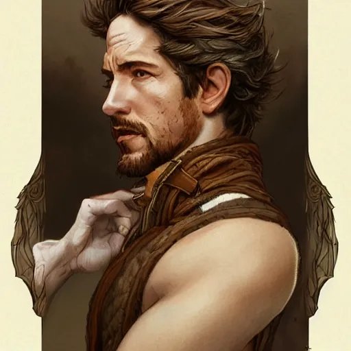 Image similar to portrait of a young, ruggedly handsome corgi, soft hair, muscular, half body, cloth, hairy, d & d, fantasy, intricate, elegant, highly detailed, digital painting, artstation, concept art, smooth, sharp focus, illustration, art by artgerm and greg rutkowski and alphonse mucha