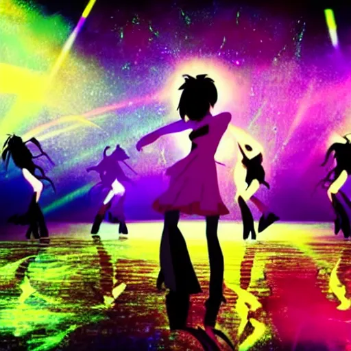 Image similar to dark dancing silhuettes in a dance club, colorful lights, dramatic lighting, a lot of energy, still from an anime by studio ghibli