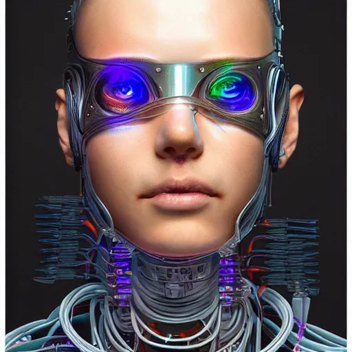 Prompt: a beautiful portrait of a young bionic male cyborg, cyberpunk, intricate wiring, electronic components, augmented vision, volumetric light, photography, color, intricate, extremely detailed, hyperrealistic, color pencil drawing, trending on artstation