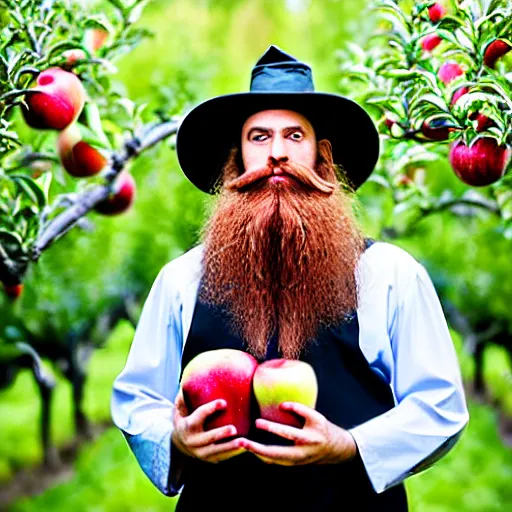 Image similar to beautiful professional portrait photograph of a wizard with a very long beard brewing potions in an apple orchard