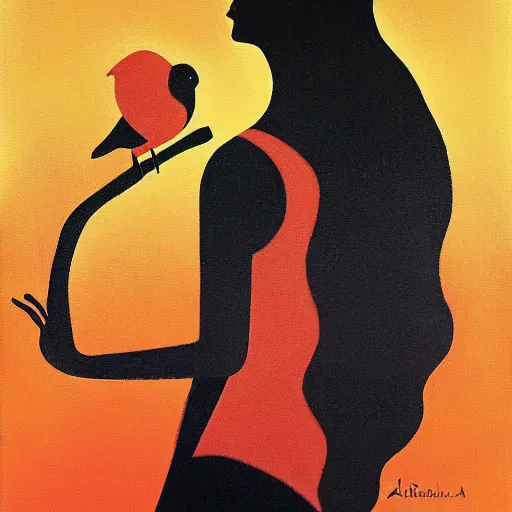 Prompt: Land art. a woman is shown from behind, her body slightly blurred as if in motion. Her long hair cascades down her back, and she is holding a small bird in her hand. alegria 'corporate memphis', foil art by Debbie Criswell, by Richard Hamilton bold, minimalist