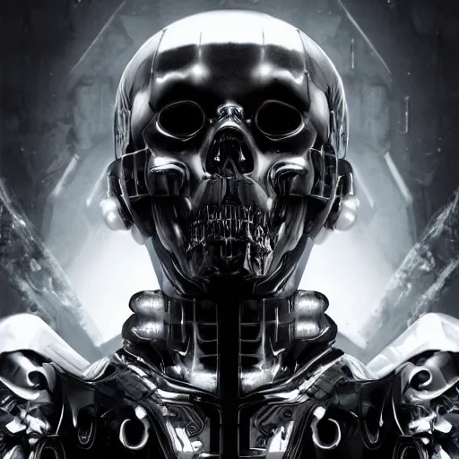 Image similar to black and white cyberpunk style dark bio metal skull, abalone pearl iridescence mecha hard-surface, cyberpunk, hyper realistic, cinematic, unreal engine, 3D, 8K, imagined by Ash Thorp, Tsutomu Nihei, Ghost In The Shell, Akira