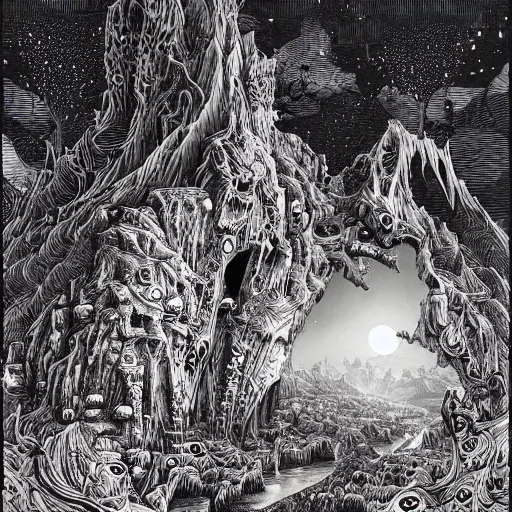 Prompt: impressive fantasy landscape, beautiful line art, pure b & w, etching illustration, square sticker, by joe fenton and greg rutkowski