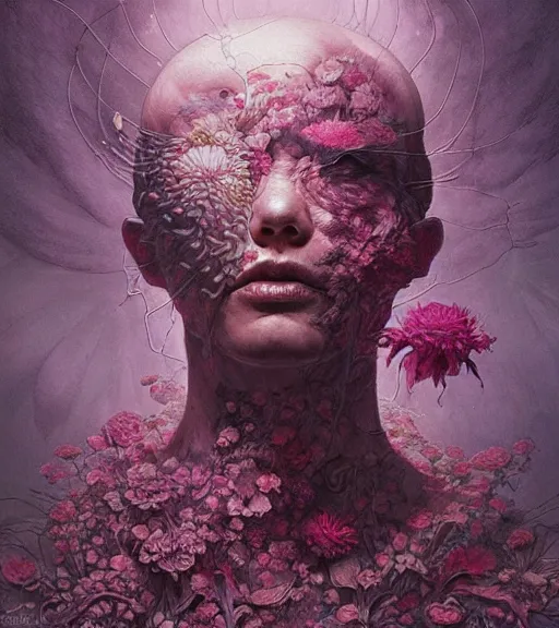 Prompt: portrait, descending into madness, flowers by wayne barlowe, toru kamei, artgerm and greg rutkowski, tanaka suguru, itsuko azuma, kinuko y. craft, mysterious, aesthetic!!! hyper detailed