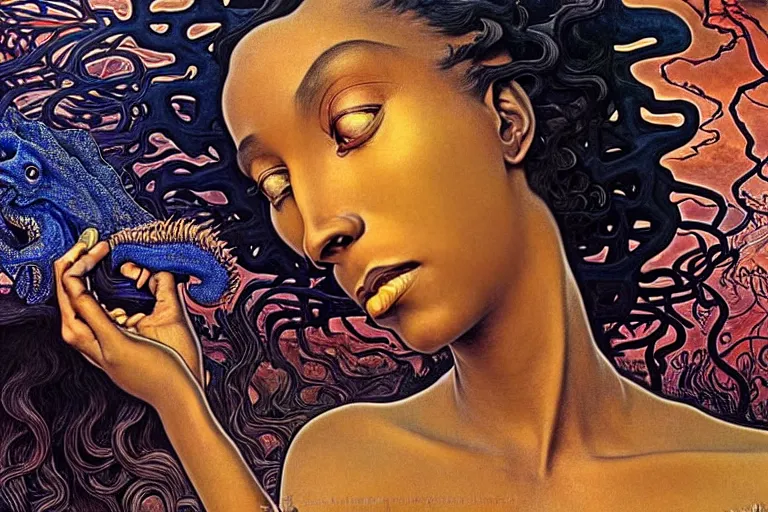 Image similar to realistic extremely detailed closeup portrait painting of a beautiful black woman wearing futuristic dress, dystopian landscape with a mutant dragon on background by Jean Delville, Amano, Yves Tanguy, Alphonse Mucha, Ernst Haeckel, Edward Robert Hughes, Roger Dean, rich moody colours