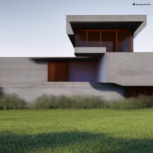 Prompt: a photorealistic house by frank loyd wright, brutalism, concrete, bauhaus, 4k