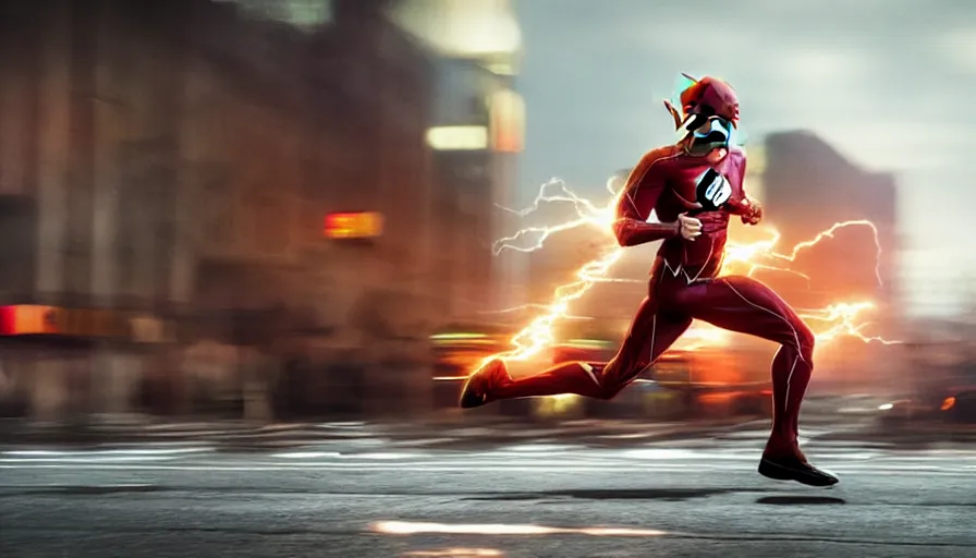 Image similar to ''flash running from the police, dc, cinematic shot, high quality, 8 k, photorealistic''