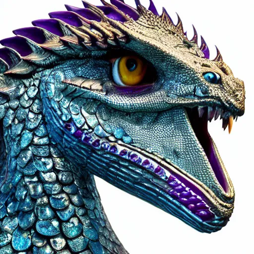 Prompt: a 128 foot tall elegant female silver western dragon with purple accents, having a 360 foot long wingspan; The scales smooth and streamlined, while having a sleek and sharp crest; two epic eyes bright blue right above the jawline; the snout sharp and pointed, yet sleek and elegant; she looks toward the camera; close-up bust; digital art, deviantart, furaffinity