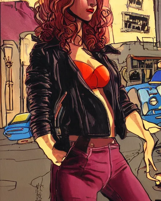 Image similar to young female protagonist in leather jacket, city street, artwork by ralph bakshi