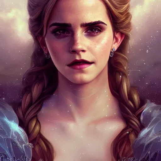 Image similar to portrait of emma watson as elsa, fantasy dress,, intricate, elegant, highly detailed, digital painting, artstation, concept art, smooth, sharp focus, illustration, art by artgerm and greg rutkowski and alphonse mucha