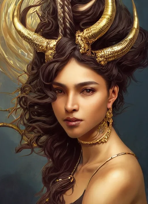 Image similar to fullbody!! dynamic movement pose, beautiful ethnic woman with flowing hair, big natural horns on her head, gold jewellery, dnd, face, fantasy, intricate, elegant, highly detailed, digital painting, artstation, concept art, smooth, sharp focus, illustration, art by artgerm and greg rutkowski and alphonse mucha