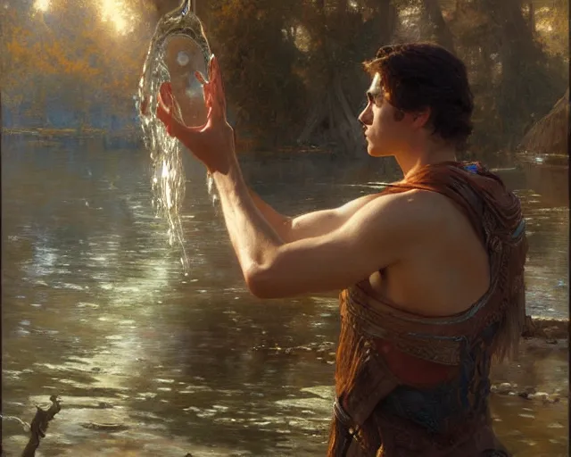 Image similar to attractive male wizard casting powerful water spell in a beautiful lake. highly detailed painting by gaston bussiere, craig mullins, j. c. leyendecker 8 k