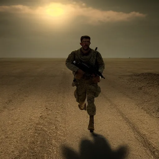 Prompt: soldier running at the camera during normandy landing in the style of the movie lone survivor, ray tracing, cinematic lighting,