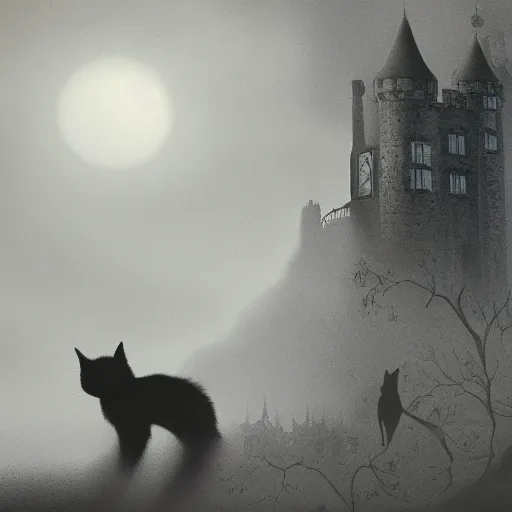 Image similar to a dark vallcy with a huge gloomy castle, fog. a little boy and a black cat