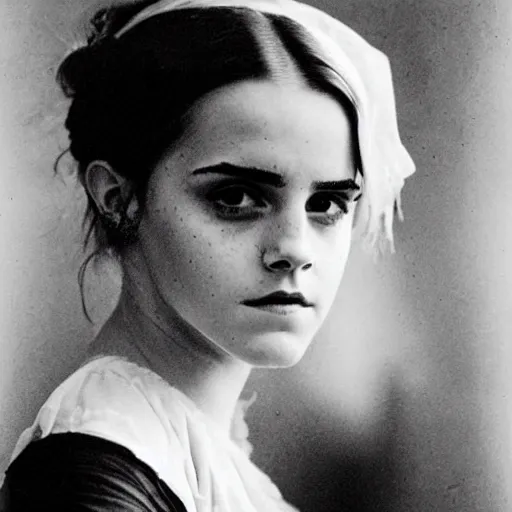 Image similar to emma watson in an old style photo from 1 8 5 0 creepy, dark