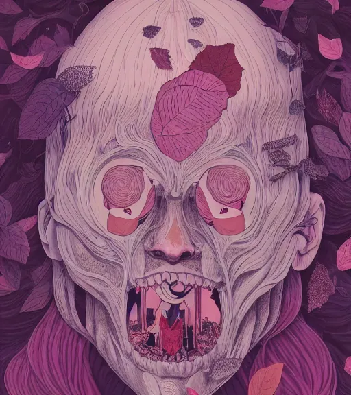 Prompt: portrait, nightmare anomalies, leaves with bleach hollow by miyazaki, violet and pink and white palette, illustration, kenneth blom, mental alchemy, james jean, pablo amaringo, naudline pierre, contemporary art, hyper detailed