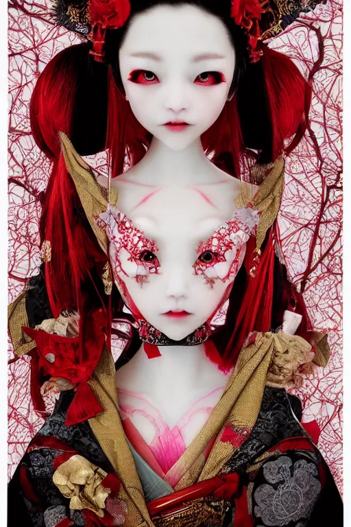 Prompt: high angle photo an avant - garde japanese bjd geisha vampire queen in a victorian red dress in the style of lovecraftian horror lolita fashion painted by yoshitaka amano, takato yamamoto, ayami kojima, dmt art, symmetrical vogue face portrait, intricate detail, artstation, cgsociety, artgerm, gold skulls, rococo