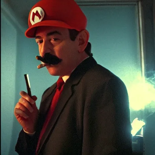 Prompt: Mario smoking a cigarette in a David Lynch film aesthetic!!!