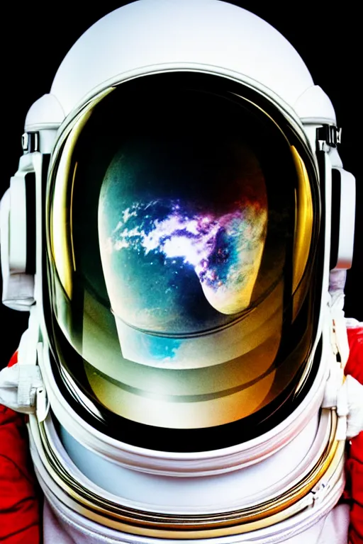 Image similar to studio portrait of space astronaut, holds iphone up to visor, reflection of iphone in visor, moon, alien, extreme close shot, soft light, award winning photo by david lachapelle