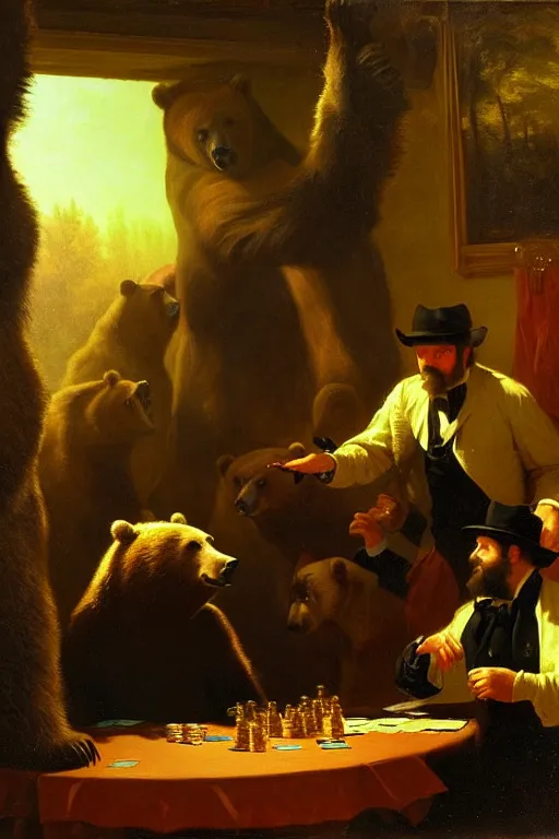 Image similar to portrait of bear gambling in the club by albert bierstadt, wonderful masterpiece by asher brown durand, beautiful cinematic light, by greg manchess, jessica rossier