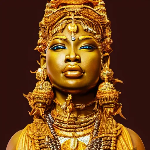 Image similar to a statue of nicki minaj as a fertility goddess, hinduism, gold, ultra realistic, intricate, epic lighting, futuristic, 8 k resolution