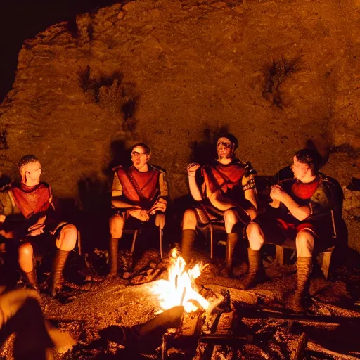 Image similar to a group of ancient roman soldiers sitting around a campfire in the desert at night, 8k, cinematic, dslr,