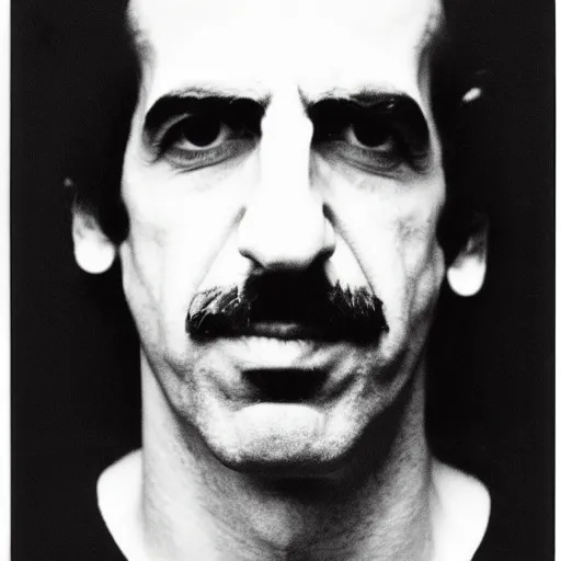 Prompt: Mugshot Portrait of Frank Zappa, taken in the 1970s, photo taken on a 1970s polaroid camera, grainy, real life, hyperrealistic, ultra realistic, realistic, highly detailed, epic, HD quality, 8k resolution, body and headshot, film still, front facing, front view, headshot and bodyshot, detailed face, very detailed face