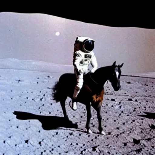 Prompt: old photo of an astronaut on his horse, horse has an astronaut suit too, photo taken on the moon