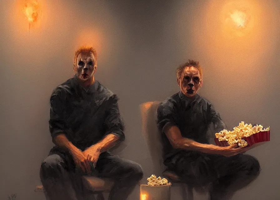 Prompt: dynamic portrait painting of Michael Myers sitting in a movie theater eating popcorn, sharp focus, face focused, trending on ArtStation, masterpiece, by Greg Rutkowski, by Ross Tran, by Fenghua Zhong, octane, soft render, oil on canvas, moody lighting, high contrast, cinematic, professional environmental concept art