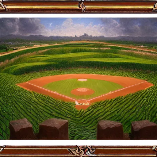 Prompt: a beautiful and highly detailed matte painting of a baseball field in a corn field, celtic knots, intricate details, epic scale, insanely complex, 8 k, sharp focus, hyperrealism, very realistic, by caspar friedrich, albert bierstadt, james gurney, brian froud,