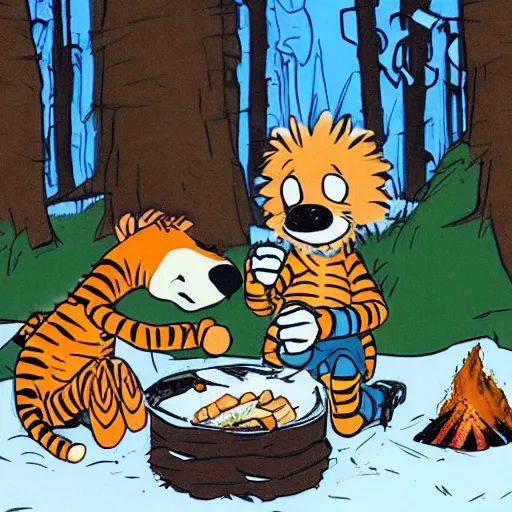 Prompt: Calvin and Hobbes camping in the forest making dinner