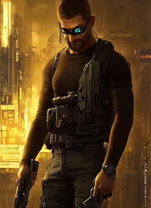 Image similar to sam fisher. cyberpunk mercenary in a military vest ( blade runner 2 0 4 9, cyberpunk 2 0 7 7 ). orientalist portrait by john william waterhouse and james gurney and theodore ralli and nasreddine dinet, oil on canvas. cinematic, hyper realism, realistic proportions, dramatic lighting, high detail 4 k