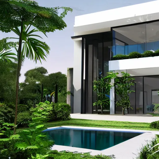 Image similar to modern house, surrounded by a lush jungle, hyper realistic, photo real,