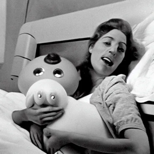 Image similar to woman who has given birth to a squishy inflatable toy, in hospital bed, 1974 Fellini film, archival footage, technicolor film, 16mm, wacky children's tv with anthropomorphic animal