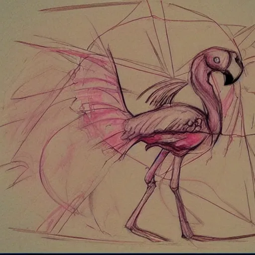 Prompt: style of da vinci sketch, pokemon, pink, explosions, architectural sketch, flamingo