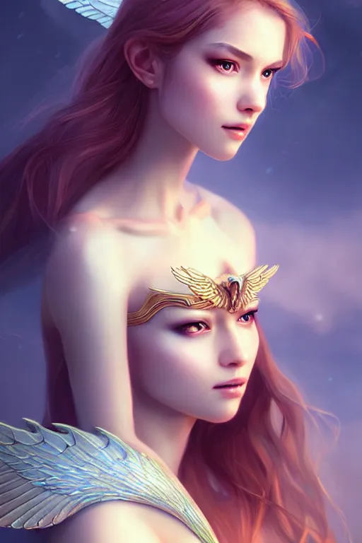 Image similar to Fantasy Mystical Beautiful Female Winged Guardian named Aurora, Highly Detailed Photorealistic, beautiful face, by NIXEU, by Việt Anh, by WLOP