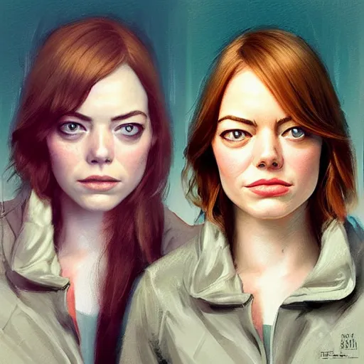 Image similar to face portrait : left - half of face is is sad emma stone, right - half of face is smiling emma stone, fine details, realistic shaded lighting poster by greg rutkowski, magali villeneuve, artgerm, jeremy lipkin and michael garmash and rob rey