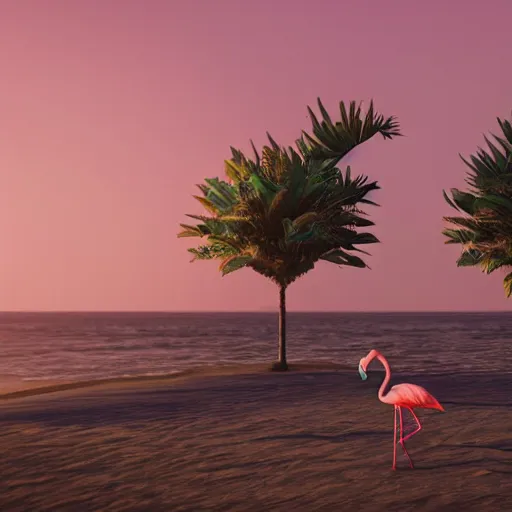 Prompt: pink flamingo with yoda ears wearing a ruffled dress on a palm tree beach, greg rutkowski and jason chan highly detailed cinematic lighting octane render unreal engine