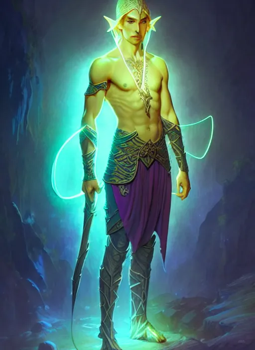 Image similar to meditative elven male adventurer, dnd fantasy character full - body portrait, glowing neon skin, magical aura, ultra realistic, intricate, elegant, highly detailed, digital painting, artstation, smooth, sharp, focus, illustration, art by artgerm and greg rutkowski and alphonse mucha