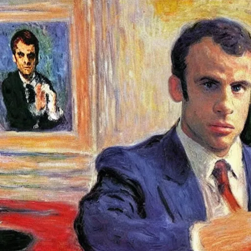 Image similar to Claude Monet painting Emmanuel Macron in American Psycho (1999)