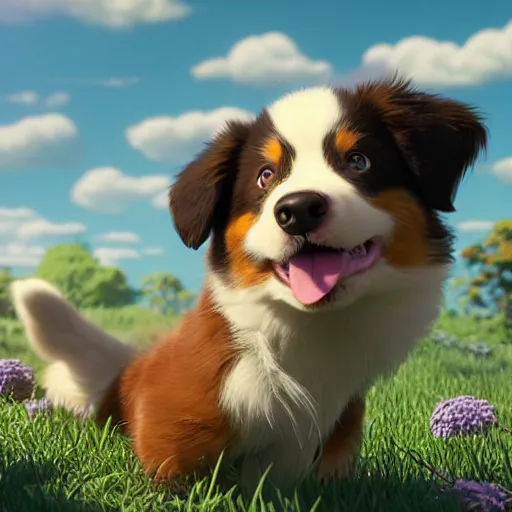 Image similar to a wholesome animation key shot of an australian shepherd puppy, studio ghibli, pixar and disney animation, sharp, rendered in unreal engine 5, anime key art by greg rutkowski, bloom, dramatic lighting