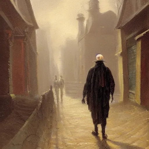 Image similar to oil painting of a man walking down a Victorian street, wearing cursed wrappings, with a mage staff, by H P Lovecraft