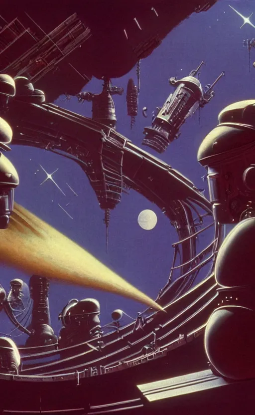 Prompt: exquisite imaginative 1 9 8 0 s sci fi movie, industrial space workers, movie art, by lucusfilm, weta studio, moebius, james jean, frank frazetta, 8 k, denoised, sharp, crisp, high quality, cinematic