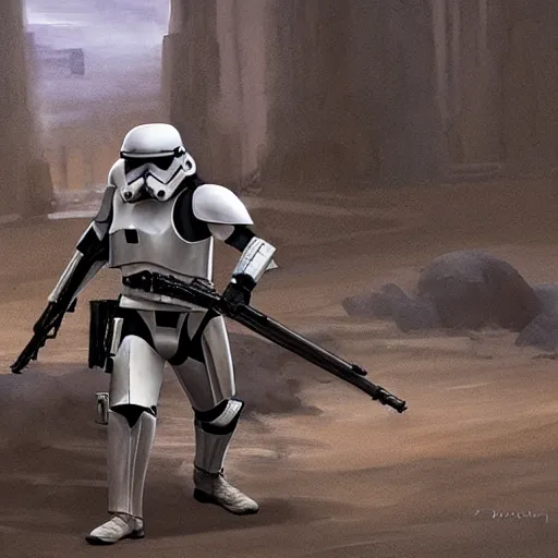 Image similar to an extremely long shot of an imperial stormtrooper in battle position ready to shoot his blaster concept art by Doug Chiang cinematic, realistic painting, high definition, very detailed, extremely high detail, photo realistic, concept art, the Mandalorian concept art style