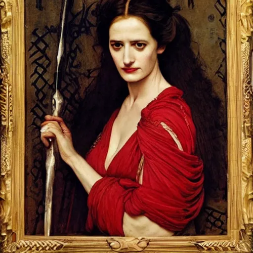 Image similar to eva green as a bandit queen, goddess of fire, fine silk red dress, by edgar maxence and caravaggio and michael whelan and delacroix