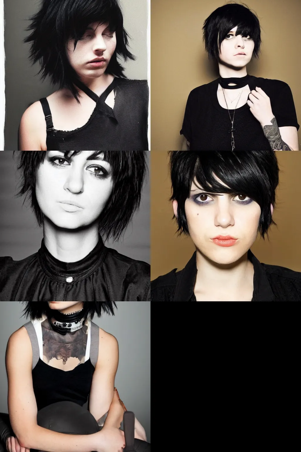 Prompt: an emo portrait by charles angrand. her hair is dark brown and cut into a short, messy pixie cut. she has a slightly rounded face, with a pointed chin, large entirely - black eyes, and a small nose. she is wearing a black tank top, a black leather jacket, a black knee - length skirt, and a black choker..