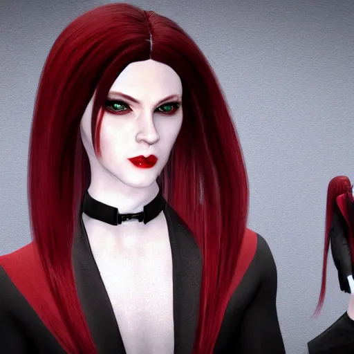 Image similar to a pale vampire, long black hair, clean shaven, dressed formally in red and black, highly detailed, concept art, smooth, sharp focus, unreal engine 5, 8 k.